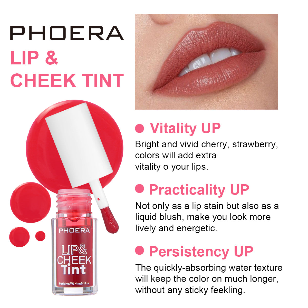 PHOERA Lip & Cheek Tint Stain Matte Liquid Blush Long Lasting Smudge Proof