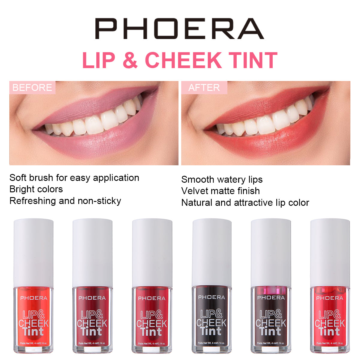 PHOERA Lip & Cheek Tint Stain Matte Liquid Blush Long Lasting Smudge Proof