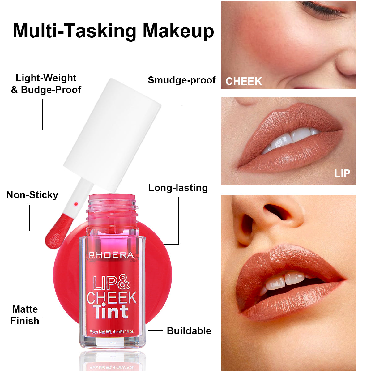 PHOERA Lip & Cheek Tint Stain Matte Liquid Blush Long Lasting Smudge Proof