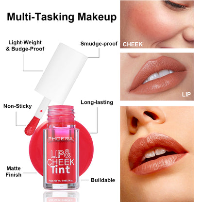 PHOERA Lip & Cheek Tint Stain Matte Liquid Blush Long Lasting Smudge Proof
